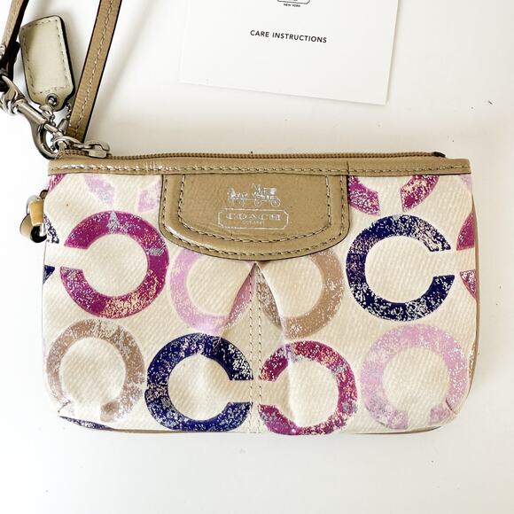 Y2K Coach Op Art Signature Zipper Wristlet Beige Purple Pink Pouch Wallet - Picture 2 of 7